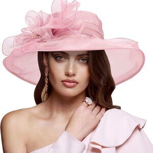 Women Organza Hat Church Cap Bridal Flower Wide Brim Tea Party Wedding
